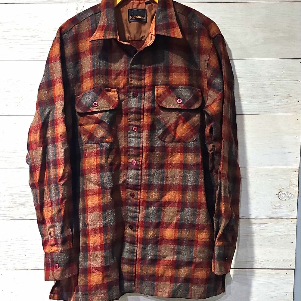 Richman Country Classics Mens Plaid Wool Acrylic Button Up Shirt Pockets L
